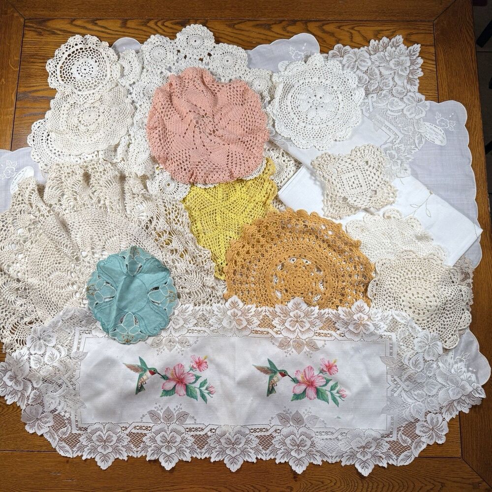 Large Lot Of 32 Mixed Linen Crochet Doilies Lace Table Runners Napkins {READ}